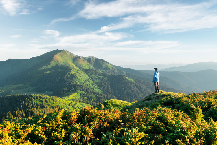 Photo of a hiker standing on a lush green mountain peering over a valley to other mountains